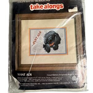 Vintage Monarch Horizons Want Ads Dog Crewel Embroidery Kit 5X7 Wool Linen NOS